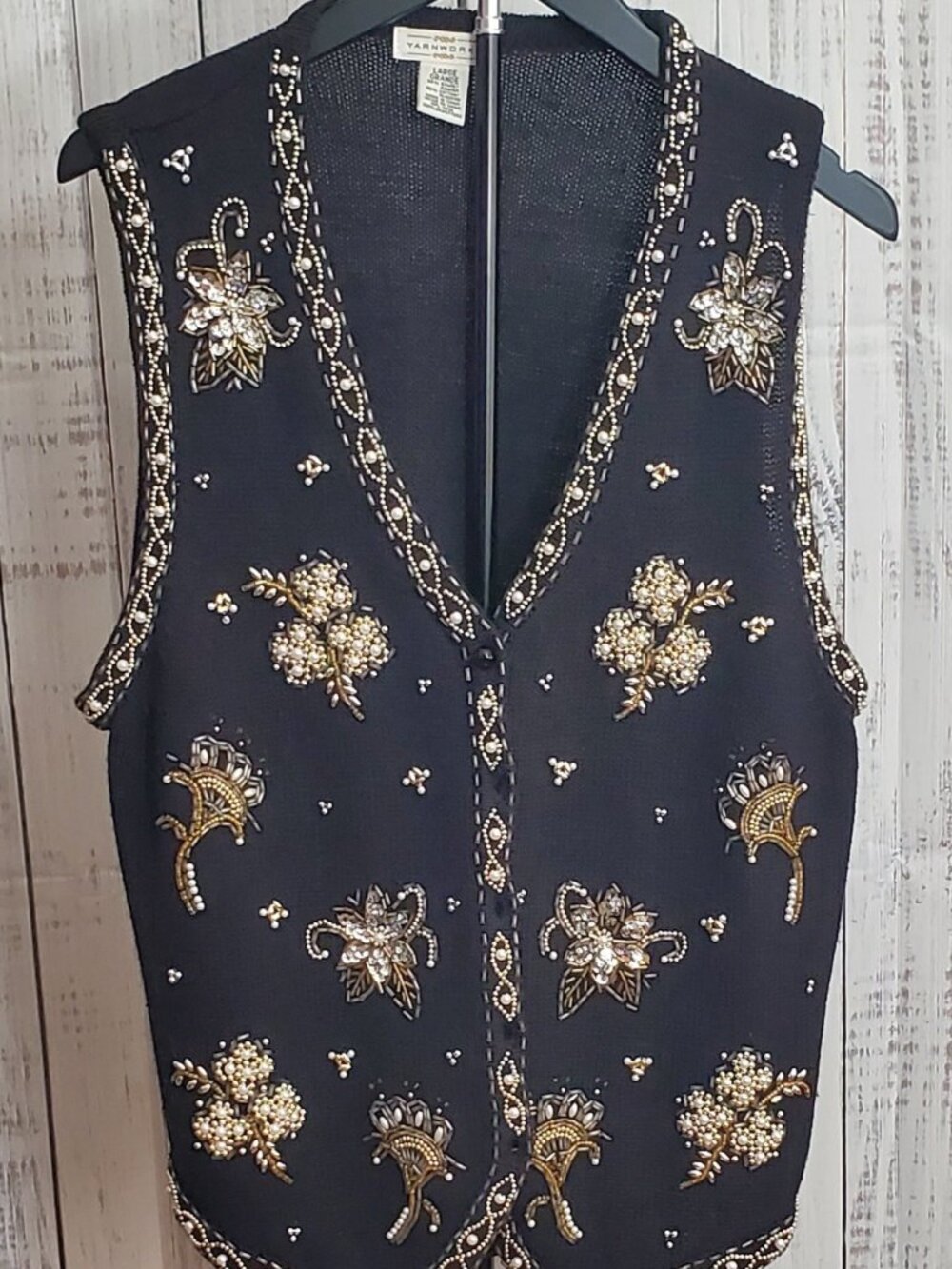 Yarnworks Women's Gold Beaded & Pearl Sweater Vest Size Large Vintage